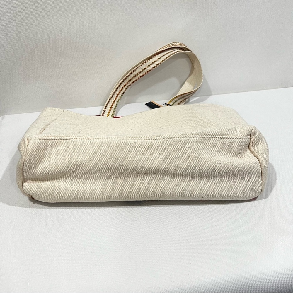Heavy Canva Tote Embroidered Cream Bag Pom Pom Lined Aztec Print Multicolored - Picture 7 of 11
